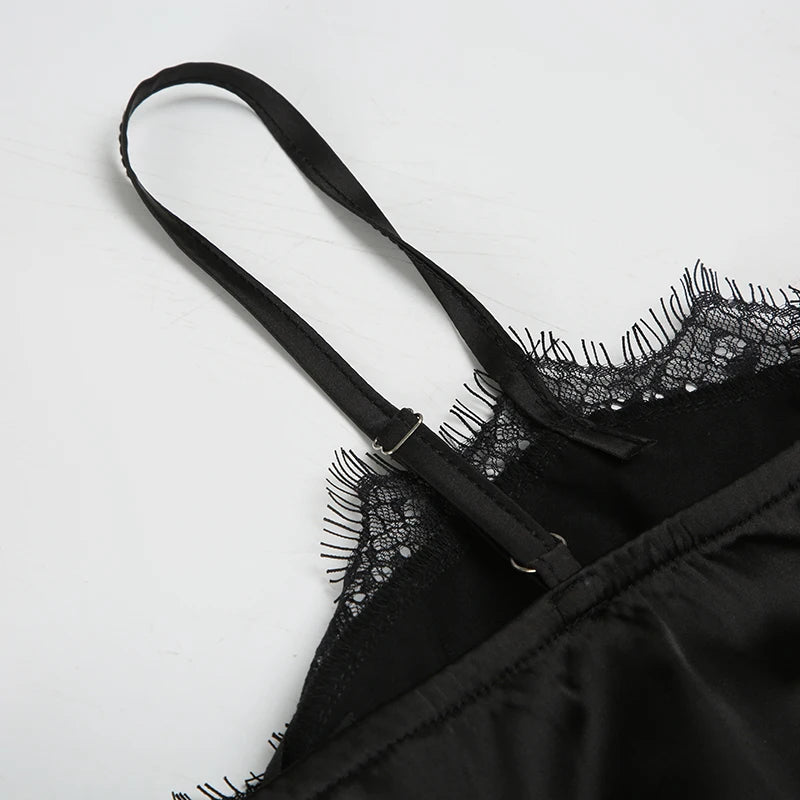 Lace Patchwork Black Camisole Lace-up Spaghetti Strap Satin Bustiers