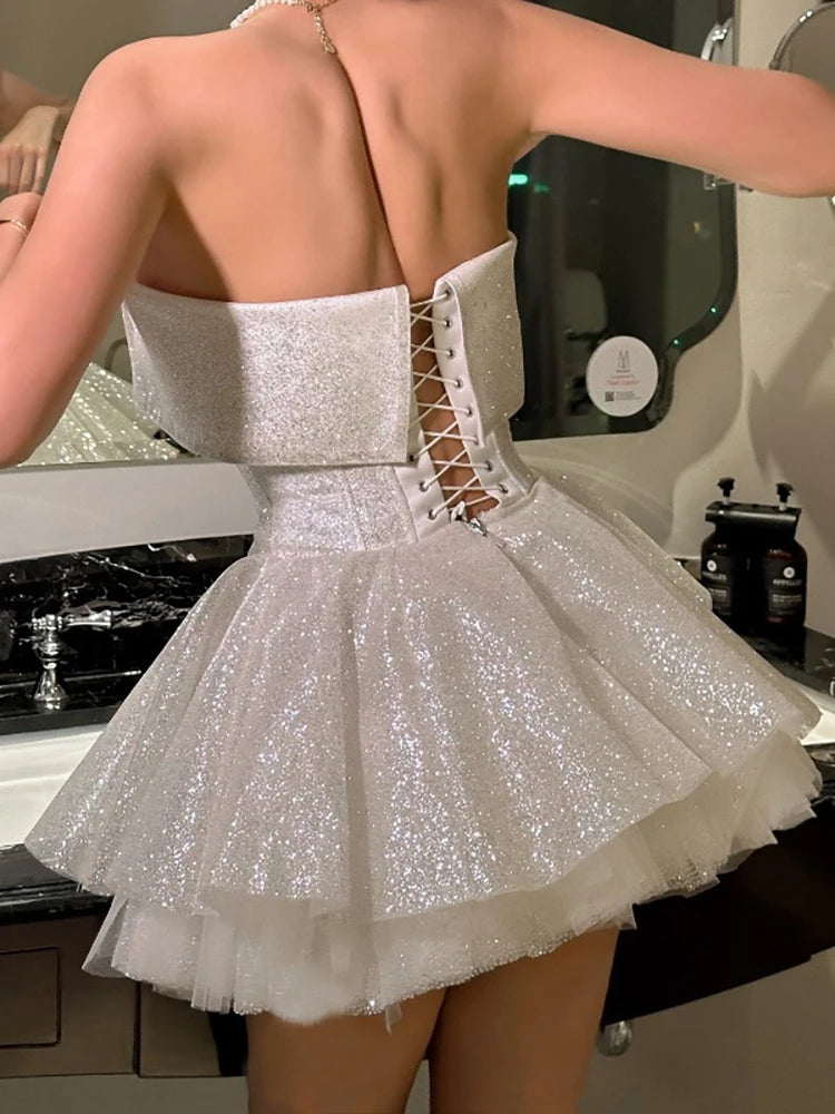 Strapless Shiny Dress White Backless A-line Dress Slim