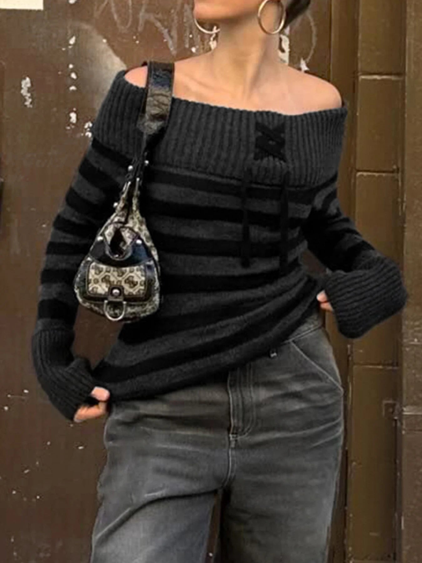 Slash Neck Striped Knitted Sweaters Patchwork Pullovers HArajuku Grunge 's Top