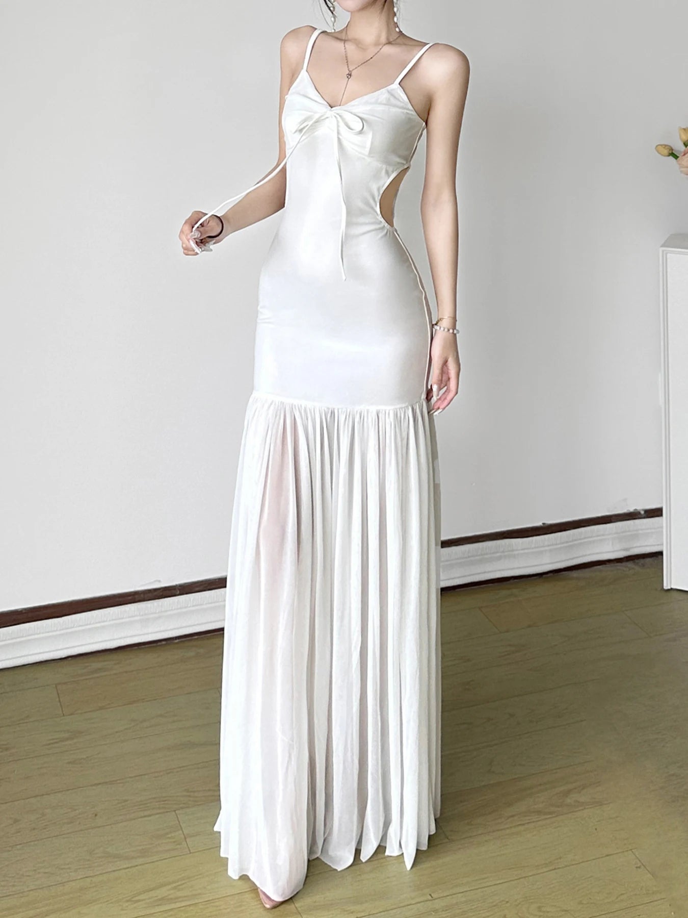 Hollow Out Patchwork Mesh Dress Slim V-Neck Sleeveless Maxi
