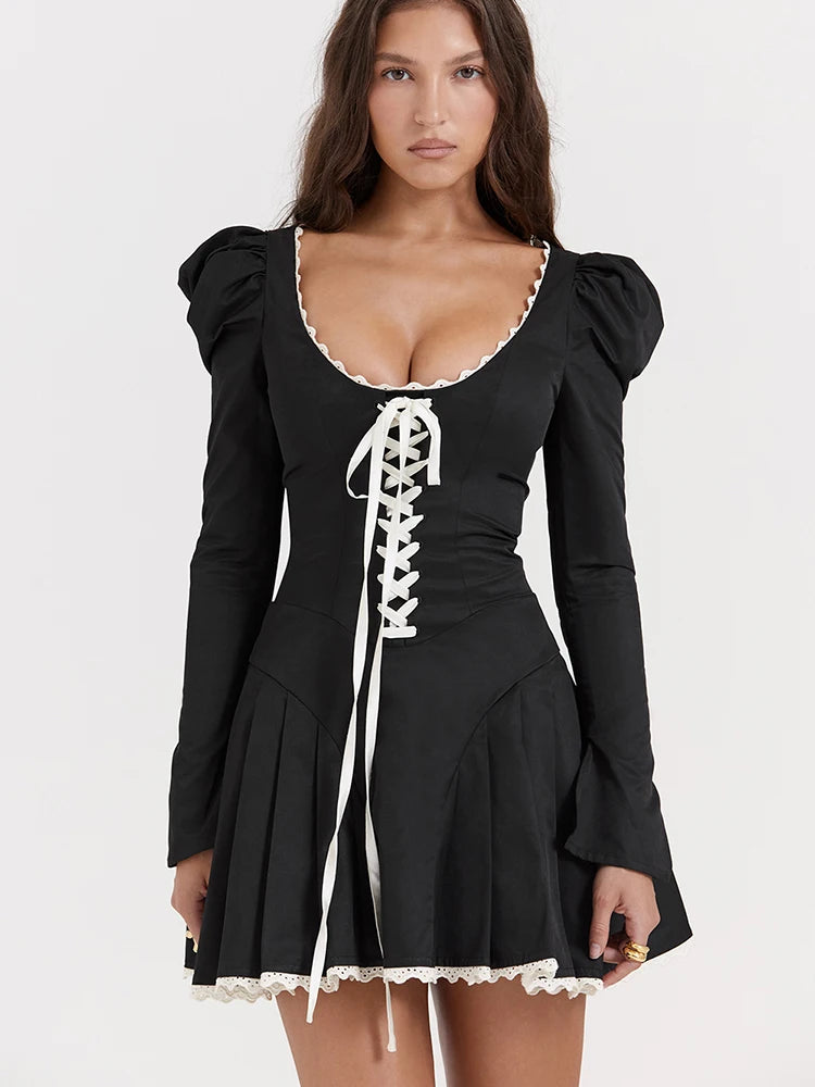 Straps Lace-Up Princess Puff Sleeves Pleated O-Neck Mini Dress 2023 Evening Wholesale