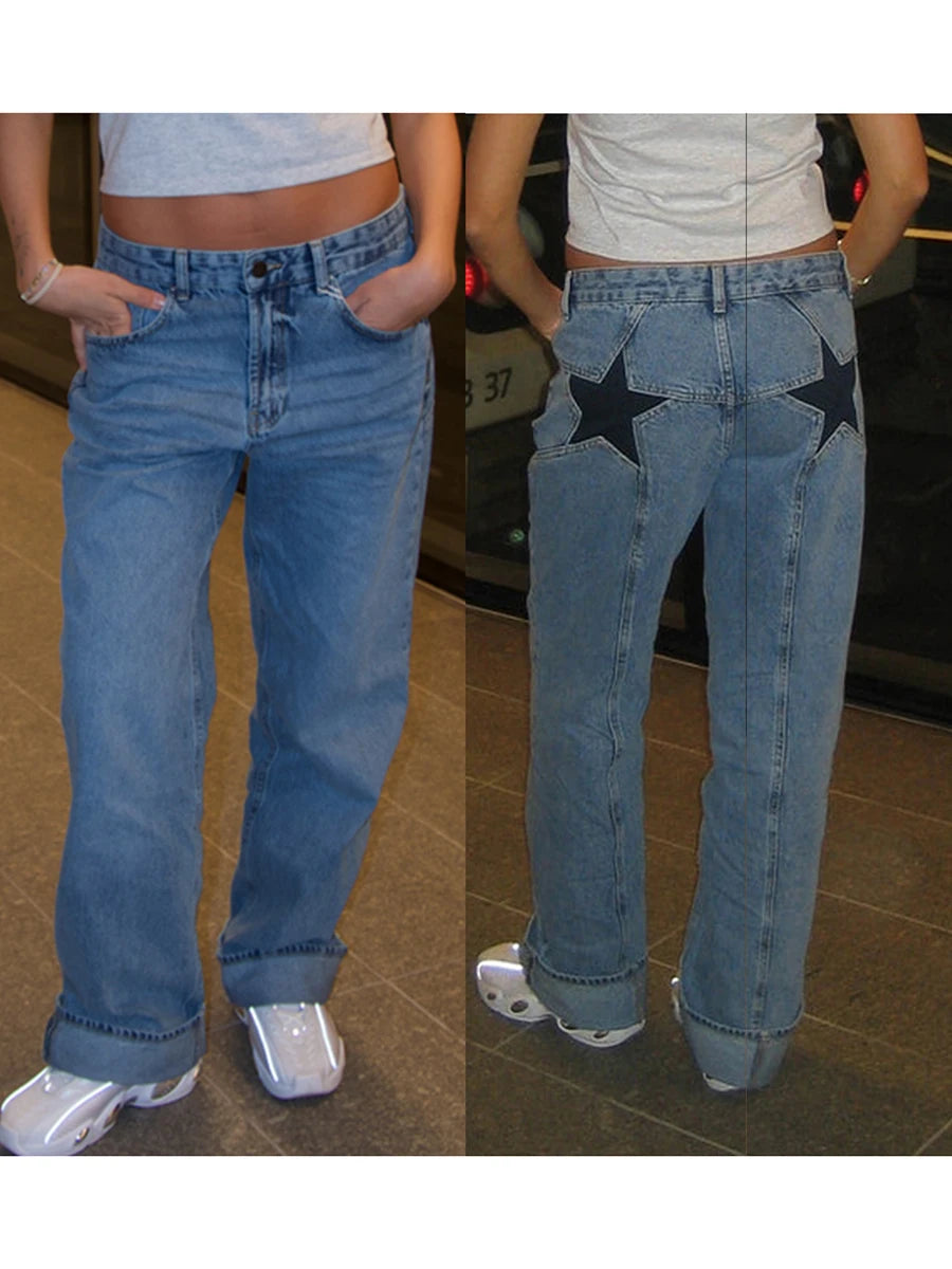 Star Pattern Loose Straight Leg Denim Low Waist Jeans