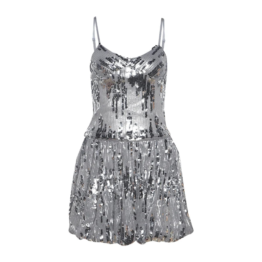 Sequins Glitter 2 Piece Set Thin Camisole Puffy Skirt Matching