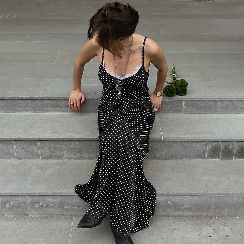 Black Polka Dot V-Neck Lace Slim Midi Dress