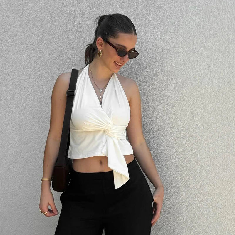 V-Neck Neckline Backless Straple Slim Irregular Twit Top