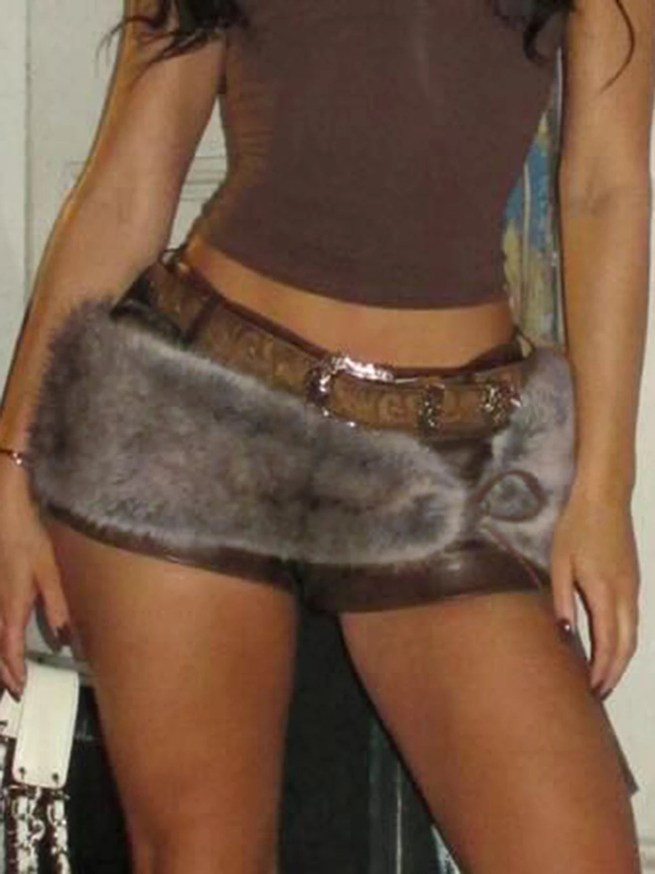 Low Waisted Mini Leather Shorts Furry Belts Waist Bottoms