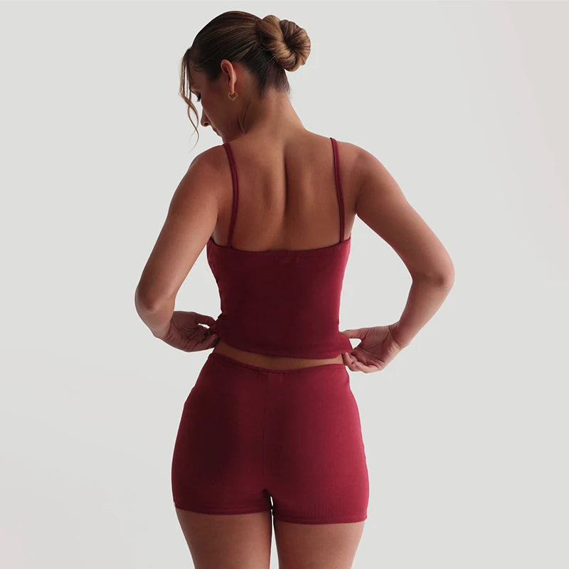 Tight Short Set Camiole Elatic Low-Wait Button Wrapp Hip Short Set