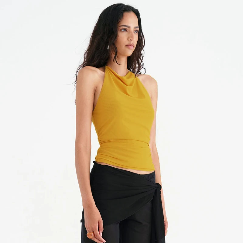 Backless Pleat Meh Hanging Neck Top