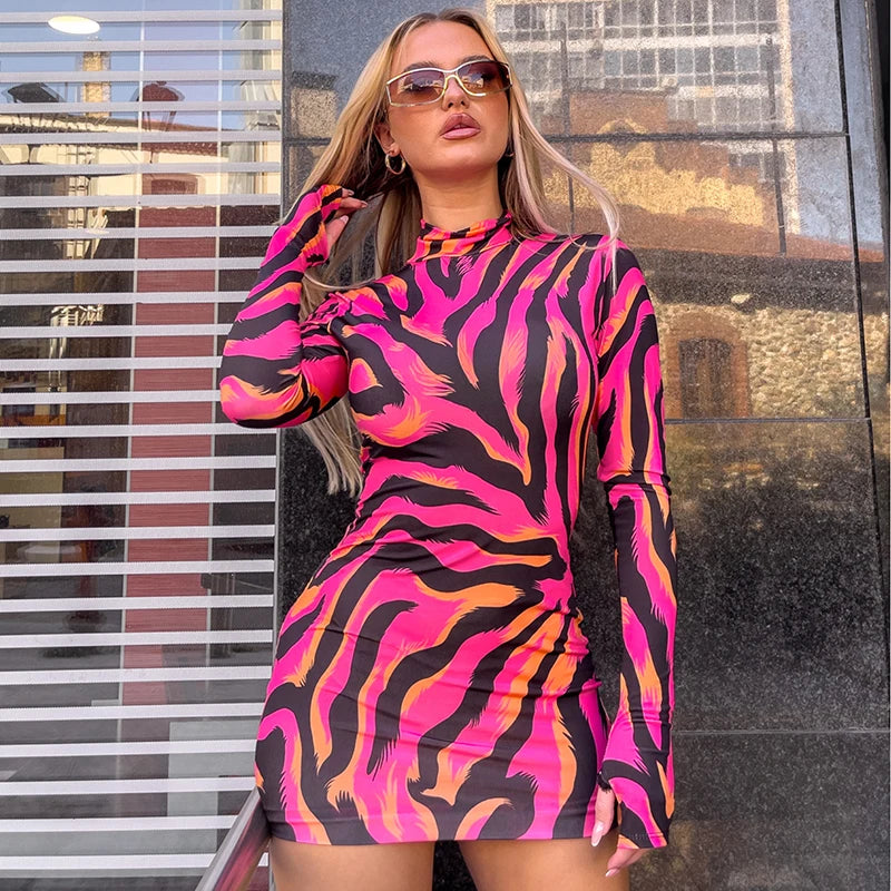 Zebra Slim Fit Long Sleeve Mini Dress With Finger Gloove Half Collar Pullover Wrap Skinny Dress