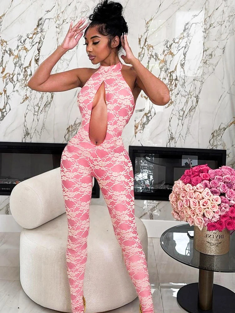Jumpuit Silky Panell Halter Cut Out Cleavage Backless Tank Overall One Piece