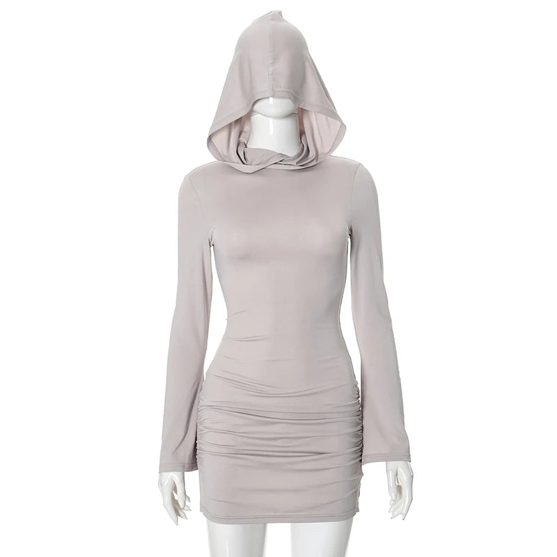 Long Sleeve Hooded Pleated Hip Wrapped High Waist Short Dress