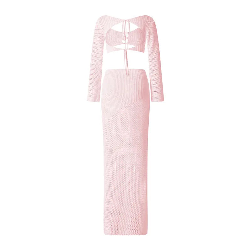 Crochet Knit 2 Piece Skirt Set Hollow Out Crop Top Long Sleeve Backless Tie Up Bodycon Dress