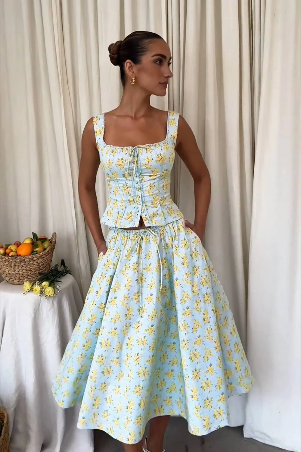 Green Floral Top and Maxi Skirt Two Piece Set