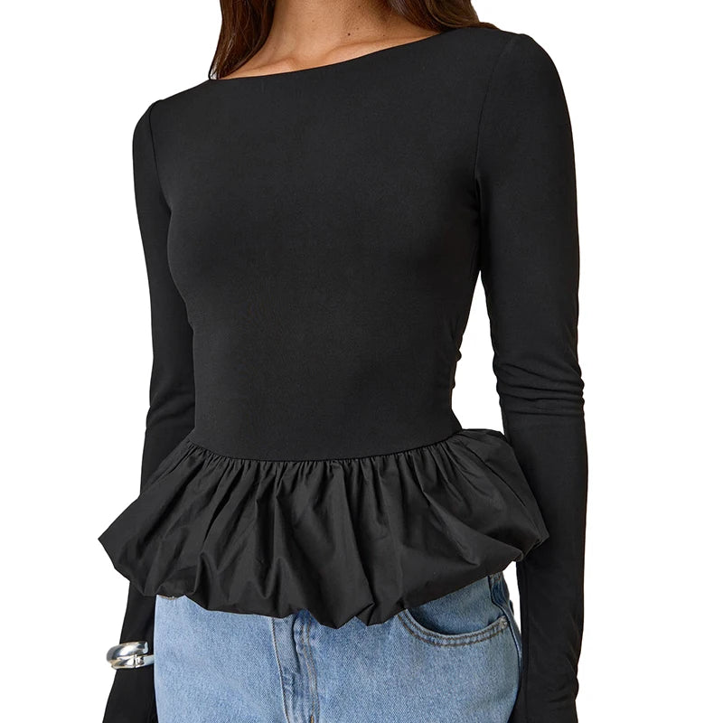 Round Neck Top Long Sleeve Slim Fit Mini Puffy Hem Deign Top