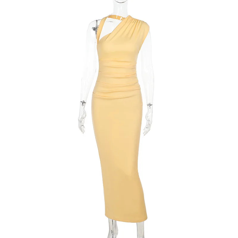 Slant Collar Halter Long Dress Ruch Backless Dress Bodycon Slit Dress
