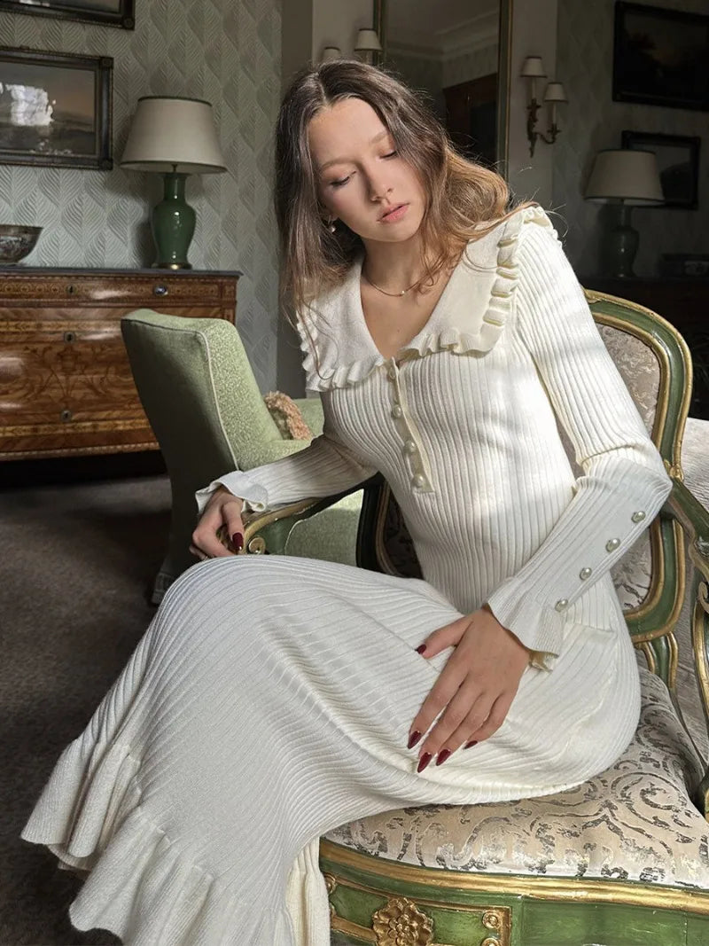 Ruffled Patchwork Knit Maxi Dress Ribbed Long Sleeve Dress Gown Slim Knit Long Dress