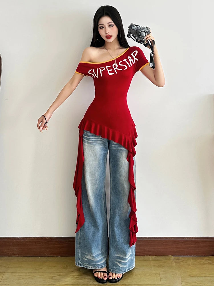 Incline Shoulder Letter T-hirt Ruffle Splice Tael Tee Top