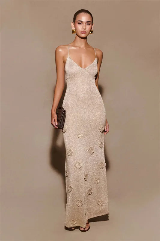 Knitted Backless 3D Flowers Dress Green Spaghetti Strap Long Dress