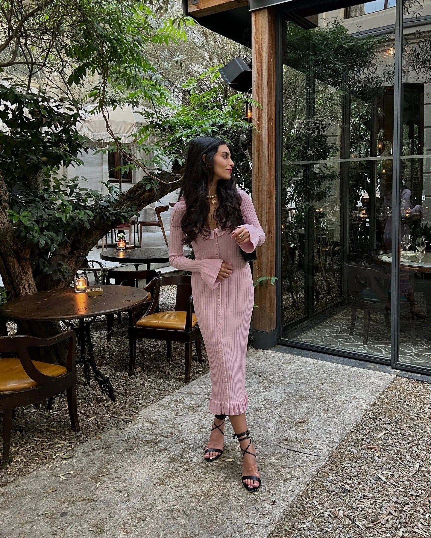 Pink Ruffles Flare Sleeve Midi Dress