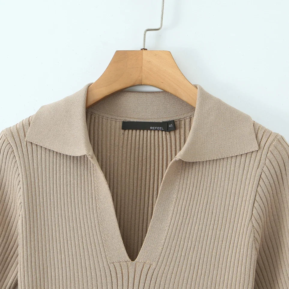 Knit Bodycon Dress Khaki Polo Collar Dress Short Sleeve