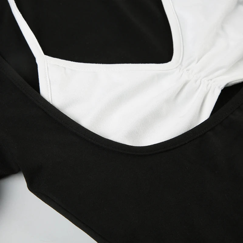 Contrast-color Patchwork Cropped Tshirts Halter Neck Slim 's Long Sleeves Shirts