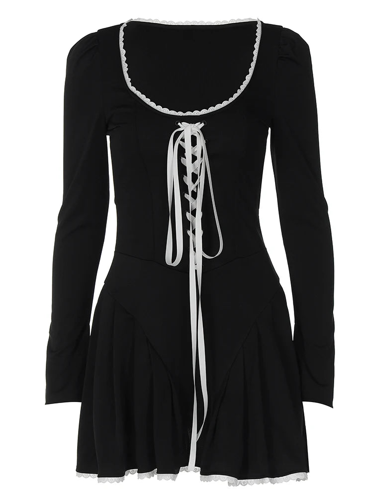 Straps Lace-Up Princess Puff Sleeves Pleated O-Neck Mini Dress 2023 Evening Wholesale