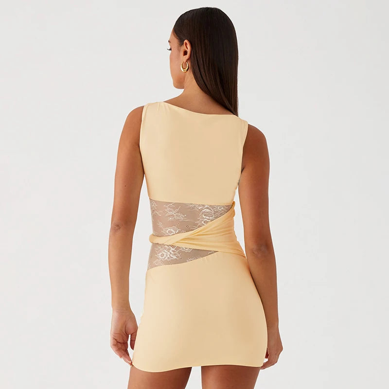 'S Slim Package Hip Sleeveless High Neckline Lace Patchwork Hollow Out See-Through Twisted Circle Dress