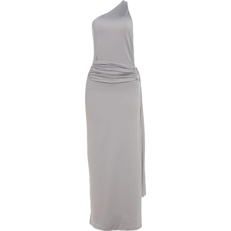 Backless Dress Biased Collar Metal Rings Sash Sleeveless Irregular