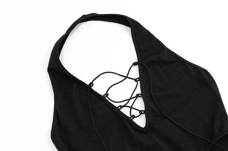 Black Hollow Out Backless Bodysuit and Mini Skirt Set