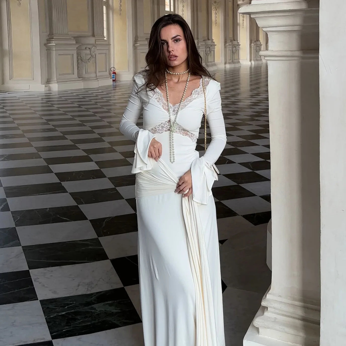 White V-Neck Lace Flare Sleeves Maxi Dress