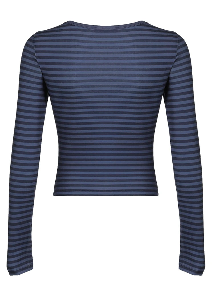 Strip Tee Shirt Button Up Slim Crewneck Top