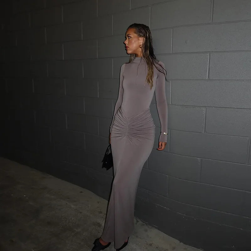 Pleated Patchwork Long Dress High Waist Long Sleeve Solid Slim Dress Maxi Dress