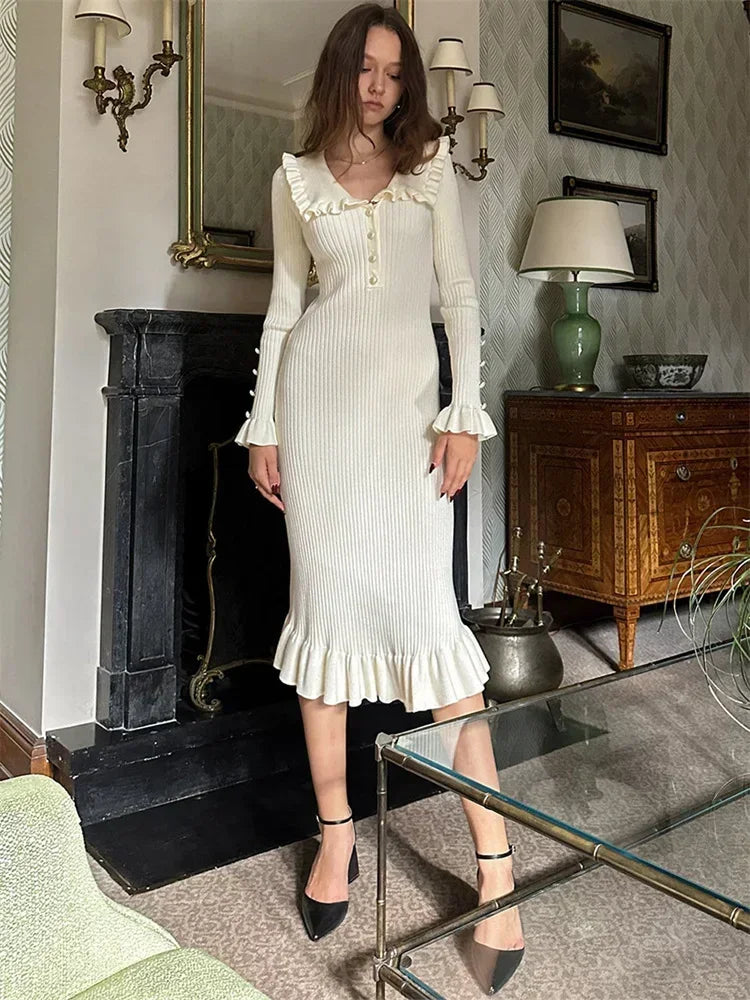 Ruffled Patchwork Knit Maxi Dress Ribbed Long Sleeve Dress Gown Slim Knit Long Dress