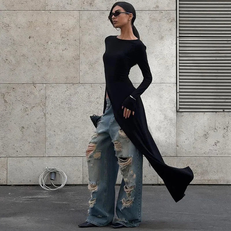 Asymmetrical Long Sleeve Black Top