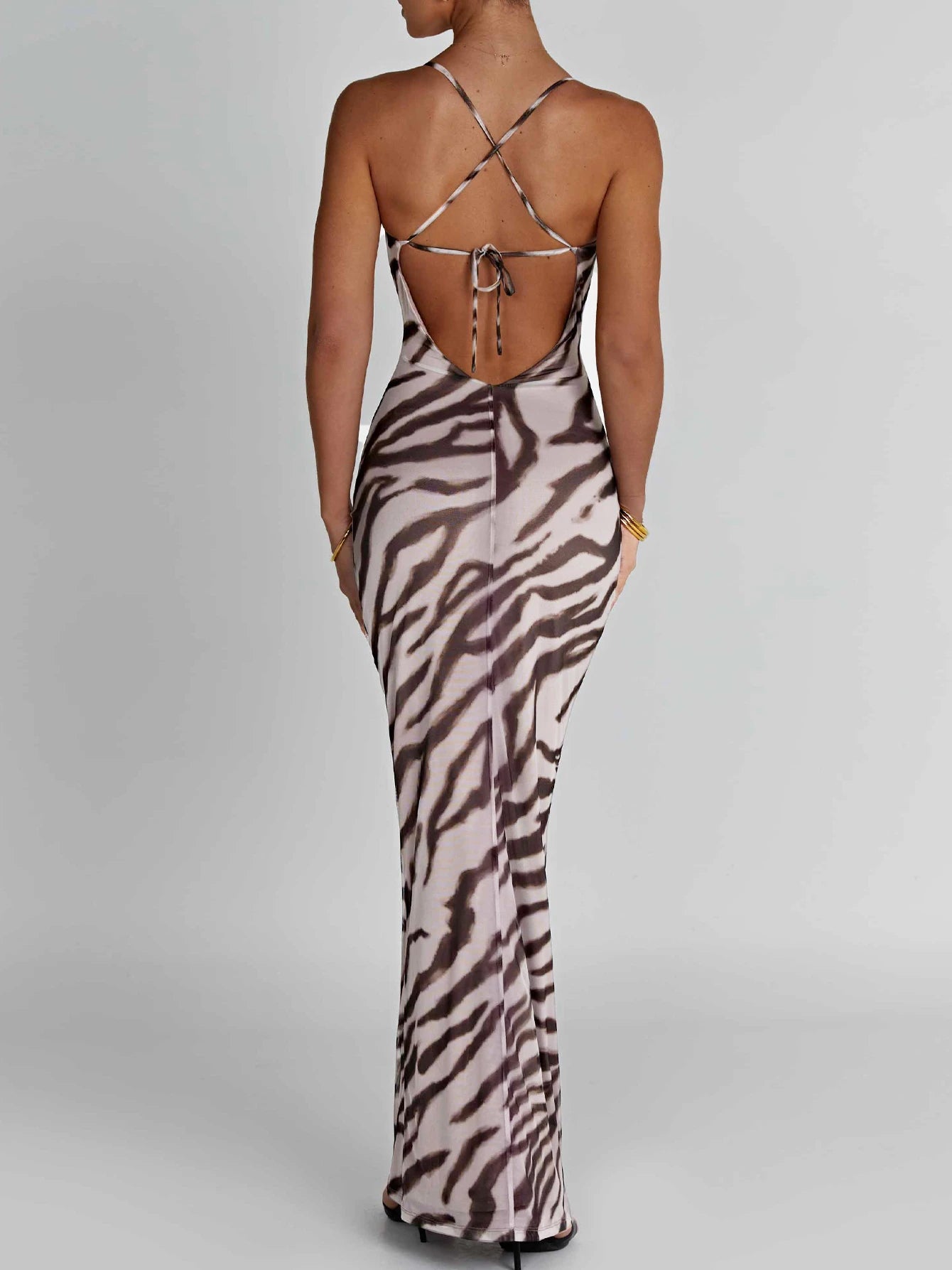 Sleeveless Backless Bodycon Lace Up Zebra Cami Maxi Dress Long Dress