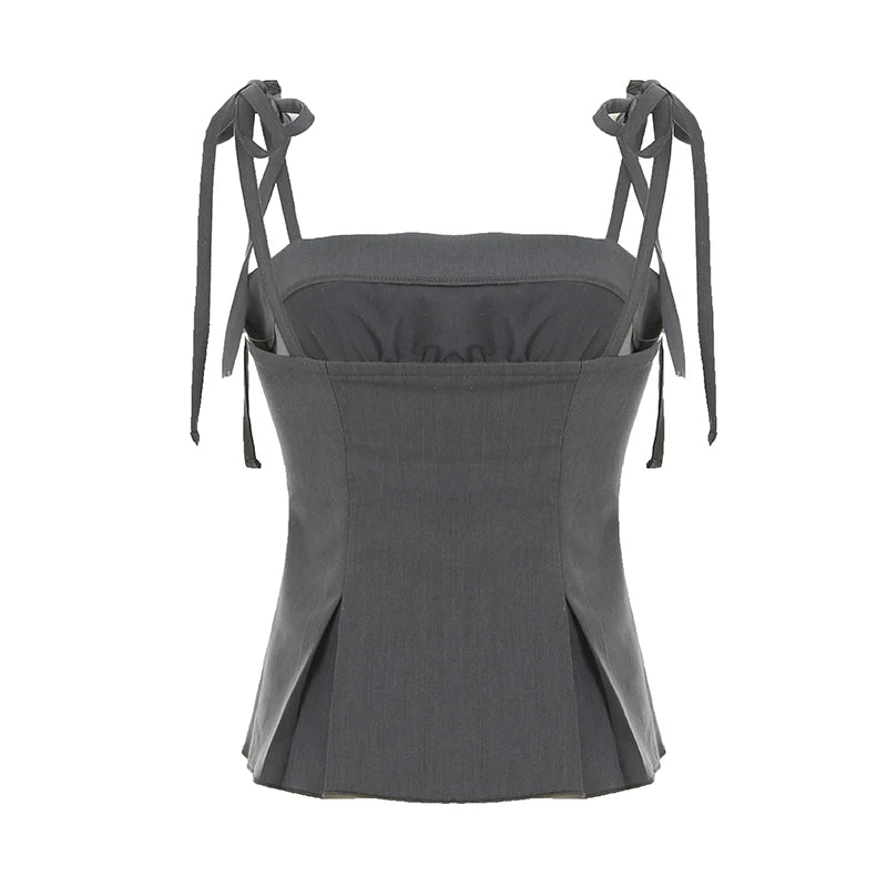 Contrast Lace Patchwork Camisole Y2K Bow Decorate Tie-up Straps Crop Tops A-line Pleated Corset Cute Vest Lolita
