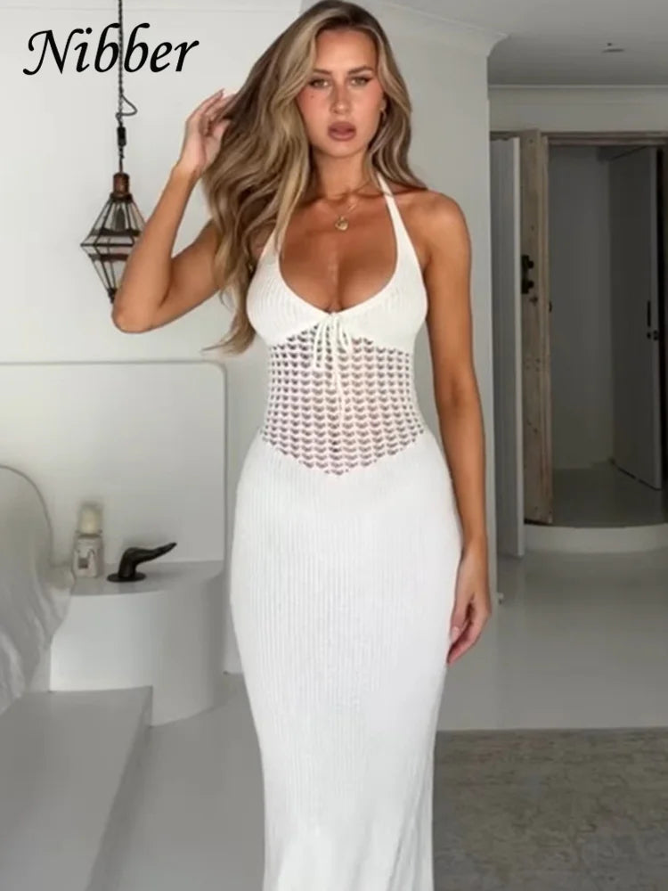 Knitted Crochet Maxi Dress See Through Halter Low Neck Backless Concise Street