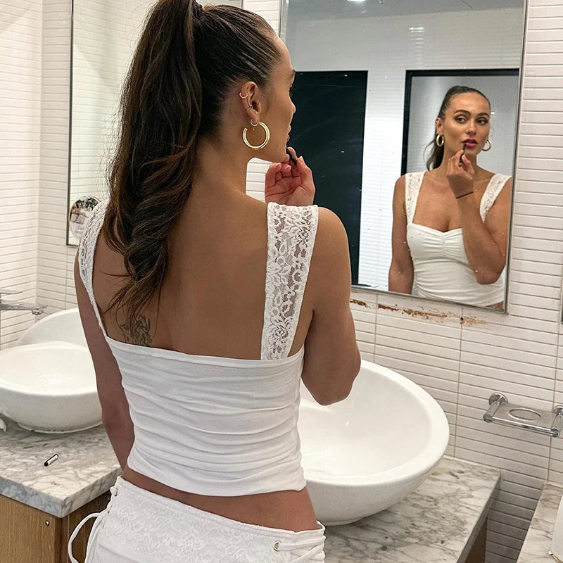 Lace Straps High Elasticity Tank Top Color Sleeveless Slimming Square Neck Shrink Pleated Backless Cami Tank Top