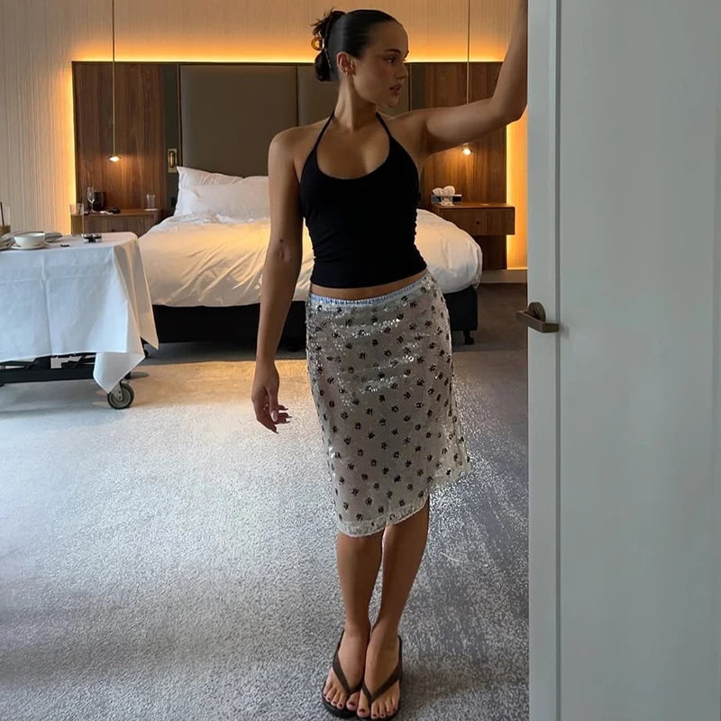 White Polka Dot Low Waist Midi Skirt