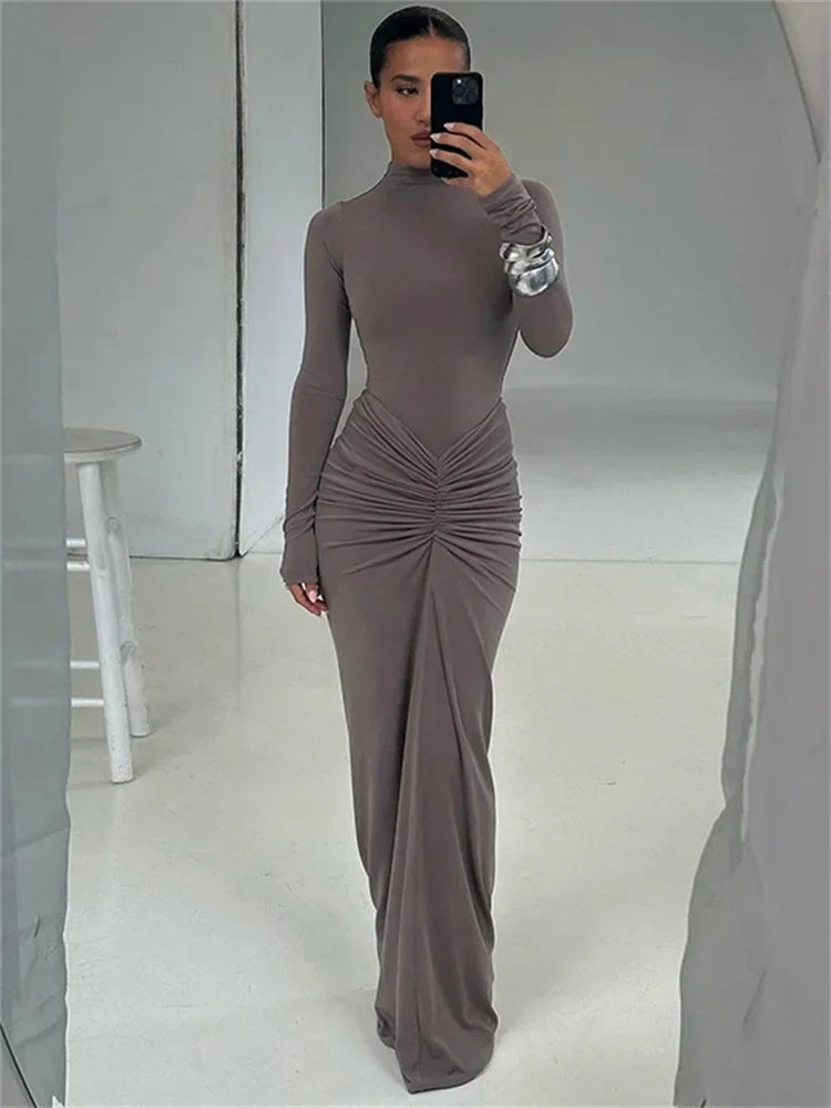 Pleated Patchwork Long Dress High Waist Long Sleeve Solid Slim Dress Maxi Dress