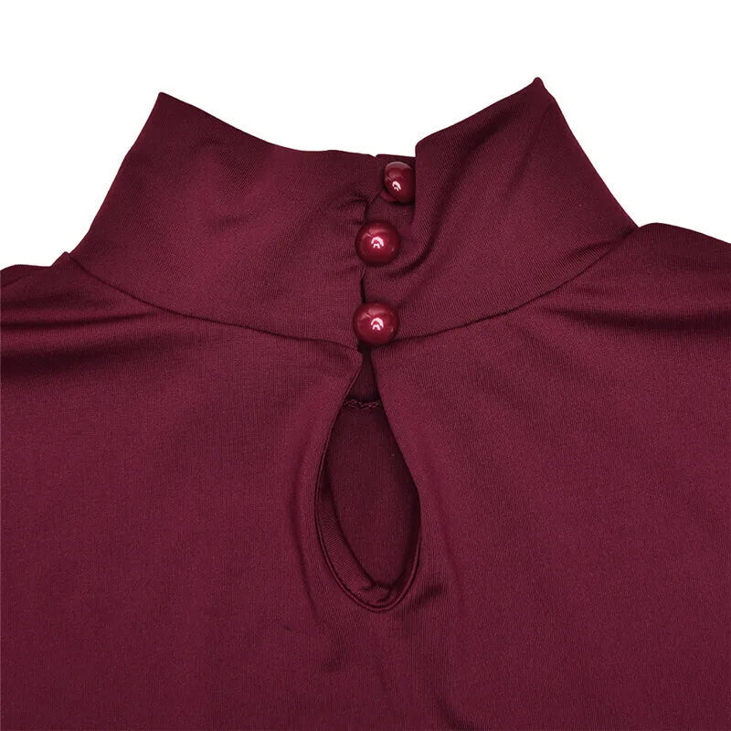 Patchwork Turtleneck Long Sleeve Mini Dress Burgundy High Waist A-line Dress Slim Street