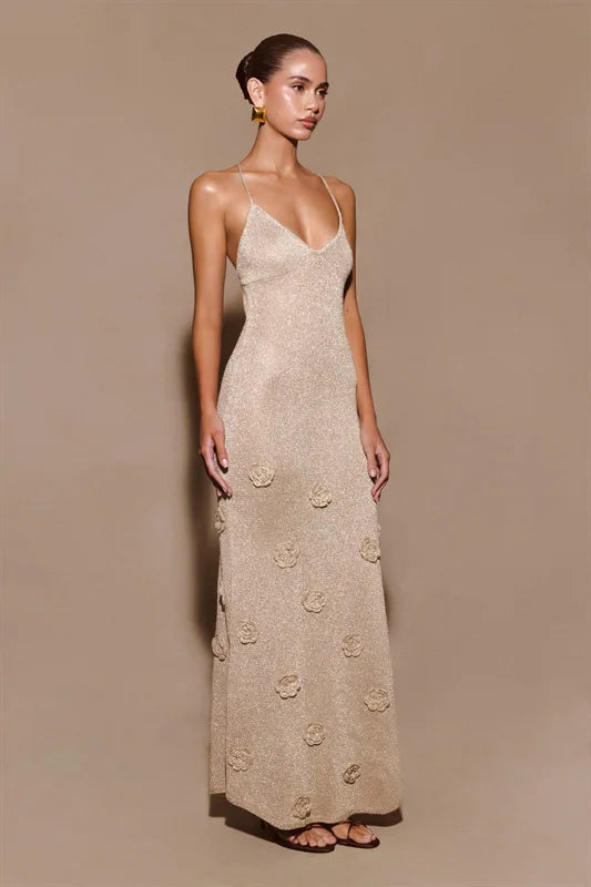 Knitted Backless 3D Flowers Dress Green Spaghetti Strap Long Dress