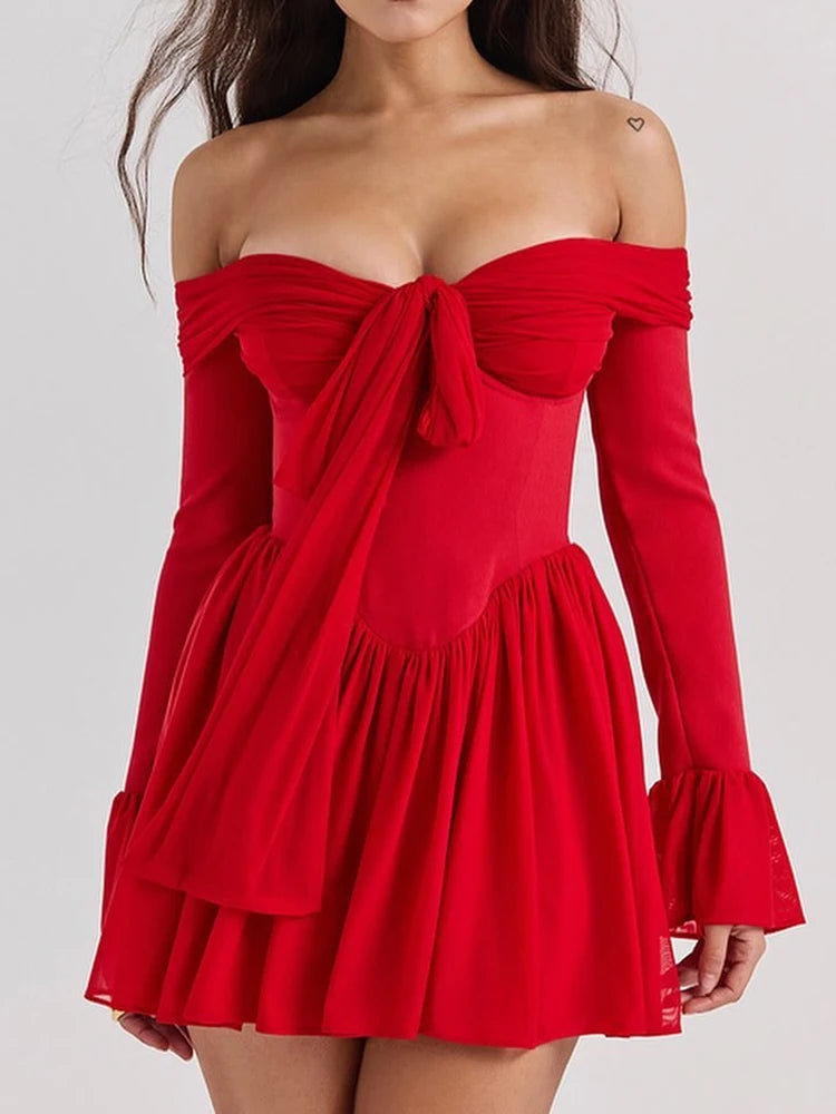 Strapless Backless Mini Dress For Red Off-shoulder Long Flare Sleeve Pleated Dress