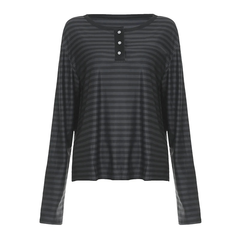 Striped Print Loose Tee Shirts Long Sleeves Botton Top
