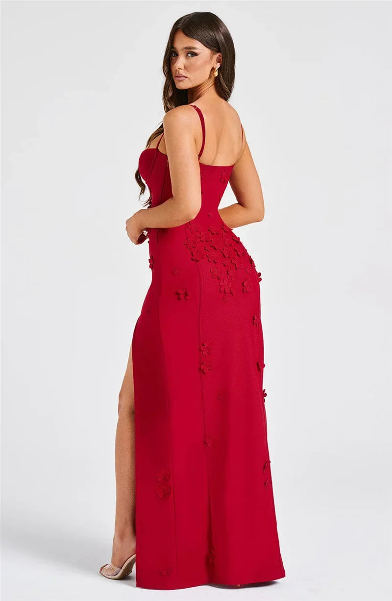 Flower Spaghetti Strap Maxi Dress Off-shoulder Backless Thigh High Split Evening Dress