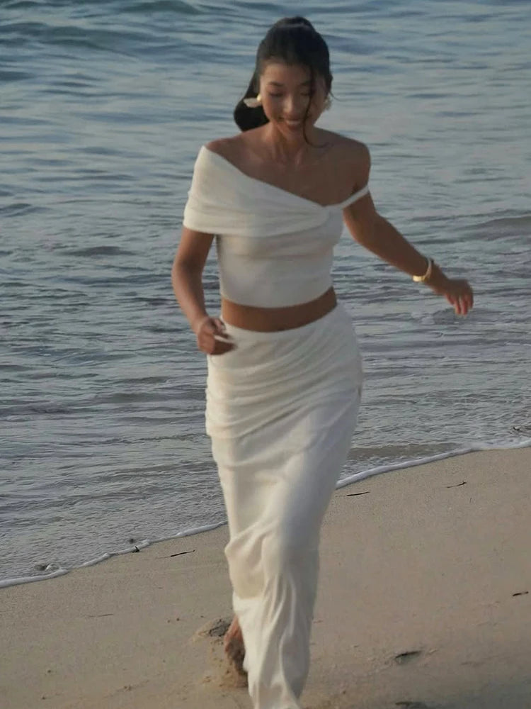 Matching Skirt Set Claic Banquet Incline Shoulder Crop Tee Maxi Pleat Skirt