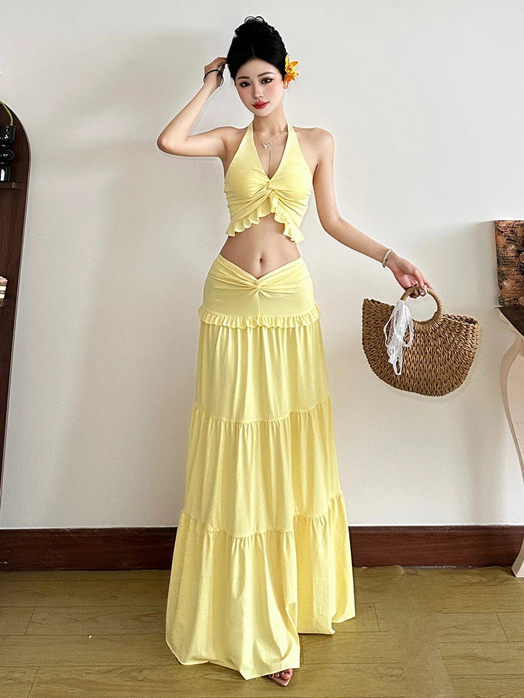 Two Piece Set Halter Backless Crop Camisole Waist Ruffles Long Skirt Ruched Street Suits