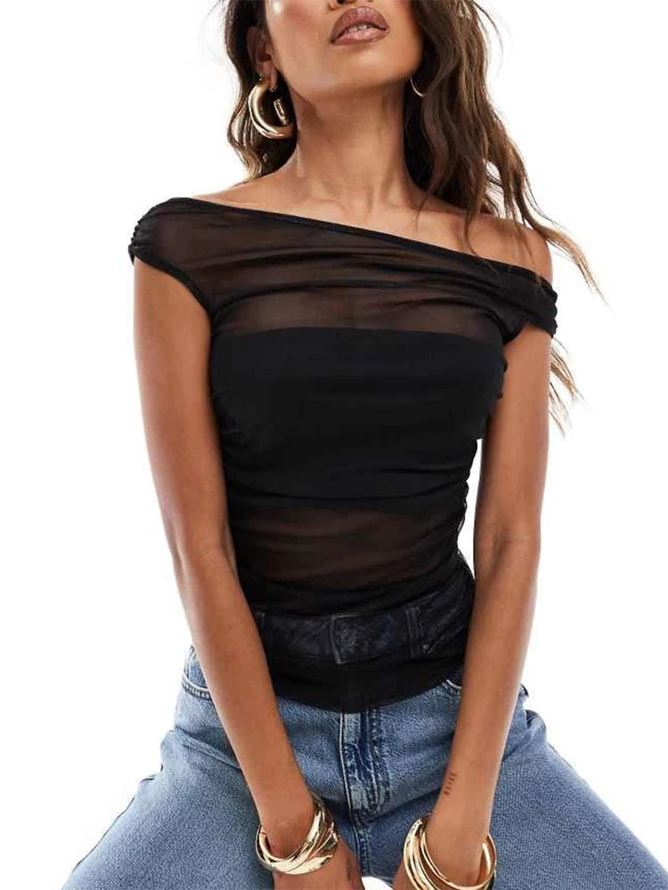 Tank Top Biased Collar Patchwork Mesh Double Deck Midnight Coquettish Vest
