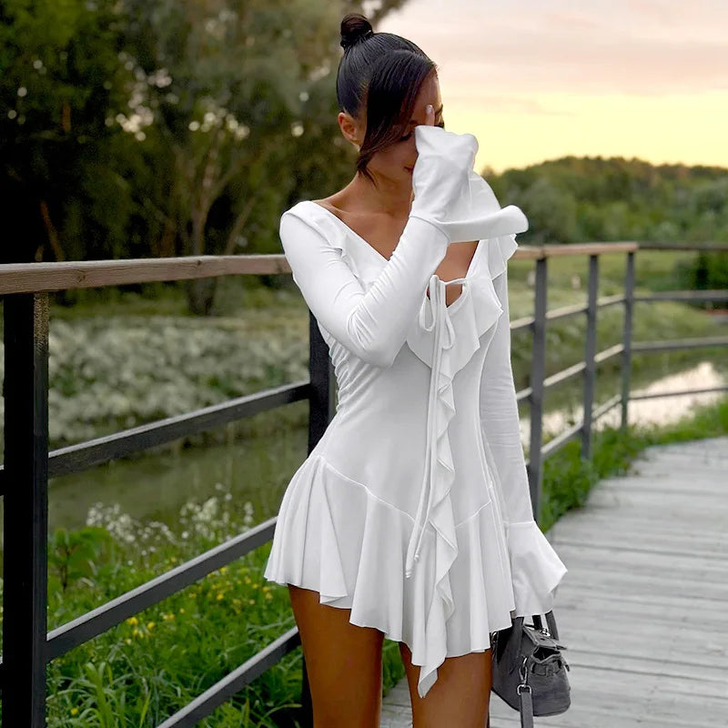 White Deep V Neck Ruffled Dress Long Flare Sleeve Short Dresses Slim