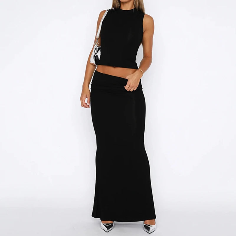 s Camis Two Piece Floor Length Straight Skirts Sets Crewneck Sleeveless Vests Suits